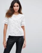 Amy Lynn Short Sleeve Crochet Lace Top With Ruffle Detail - White