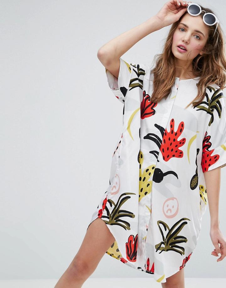 Monki Printed Button Through Dress - White