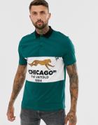 Asos Design Organic Cotton Relaxed Polo With Color Block Panel And Leopard Print-green