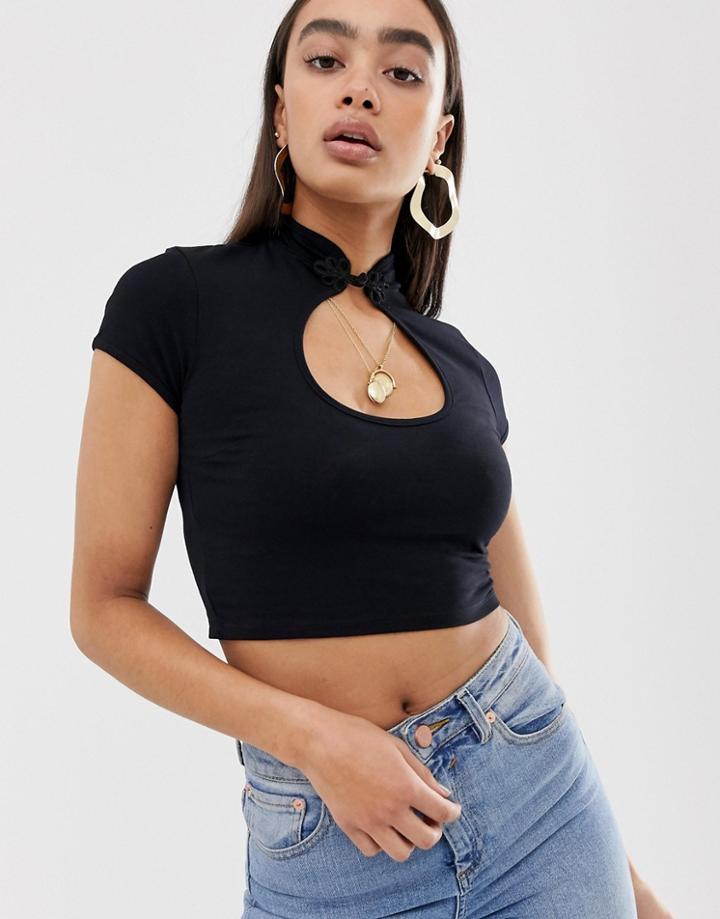 Asos Design Top With Open Neck And Mandarin Collar - Black