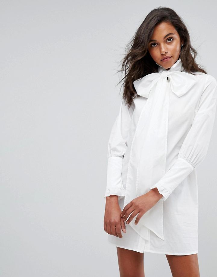Prettylittlething Tie Neck White Shirt Dress - White