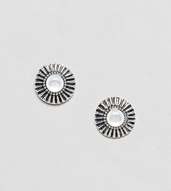 Asos Design Sterling Silver Engraved Sunburst Stone Earrings - Silver