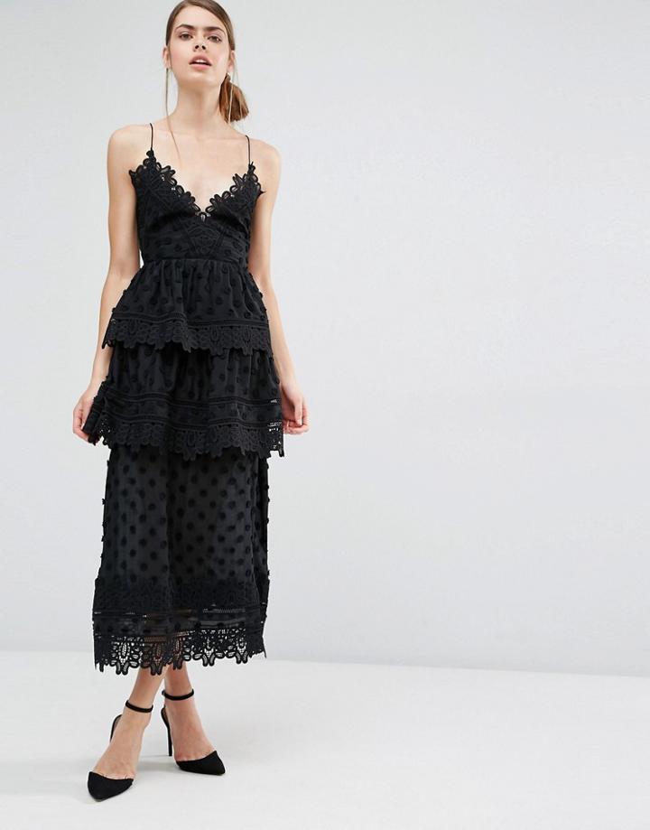 Self Portrait Ivy Lace Trim Midi Dress - Black