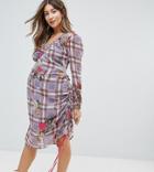 Asos Maternity Floral And Check Midi Dress With Tie Side Channelling Detail - Multi