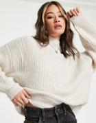 Topshop Knitted Waffle Stitch Sweater With Funnel Neck In Oat-neutral