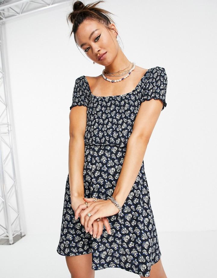 Topshop Shirred Floral Tea Dress In Multi
