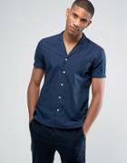 Esprit Short Sleeve Shirt In Slim Fit With Cuban Collar - Navy