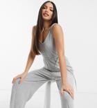 Asos Design Tall Mix & Match Lounge Super Soft Rib Jumpsuit With Waist Tie In Gray Marl-grey