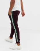 Asos Design Skinny Joggers With Side Stripe Taping In Burgundy - Red
