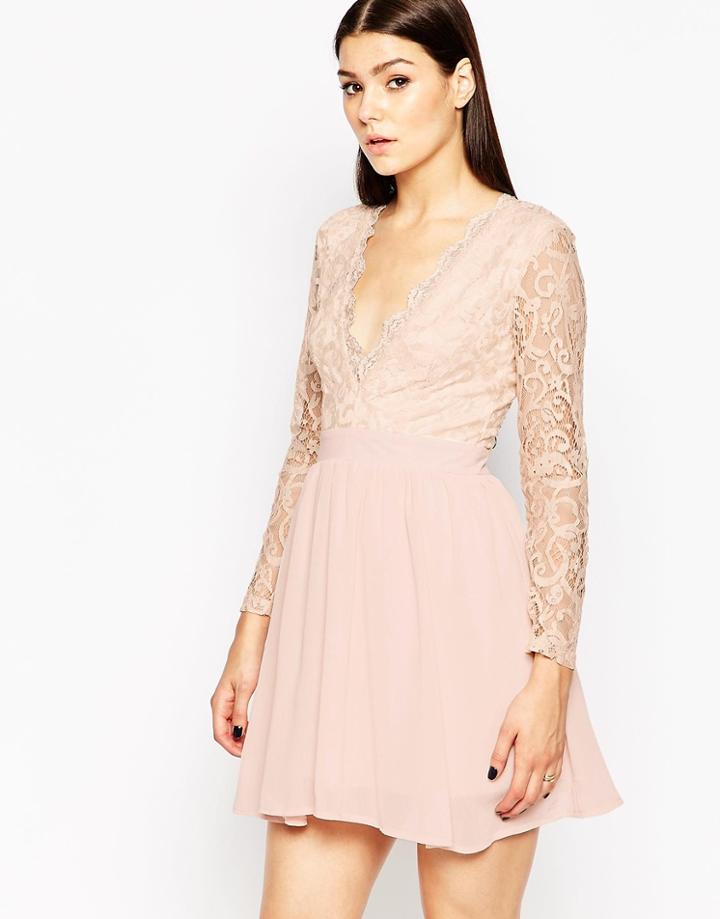 Club L Skater Dress With Lace Scallop Plunge - Nude