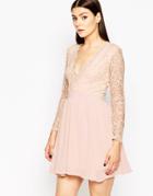 Club L Skater Dress With Lace Scallop Plunge - Nude