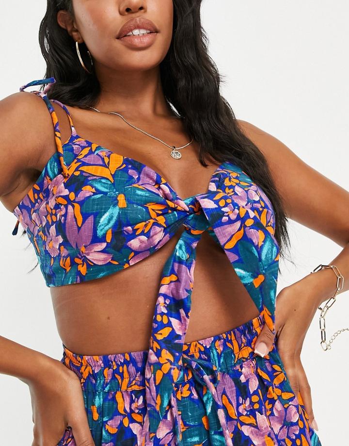Asos Design Fuller Bust Textured Cotton Tie Front Crop Beach Top In Abstract Floral Print - Part Of A Set-multi