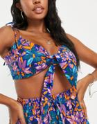 Asos Design Fuller Bust Textured Cotton Tie Front Crop Beach Top In Abstract Floral Print - Part Of A Set-multi