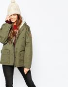 Fjallraven Hooded Short Parka Coat With Faux Shearling Lining - Green