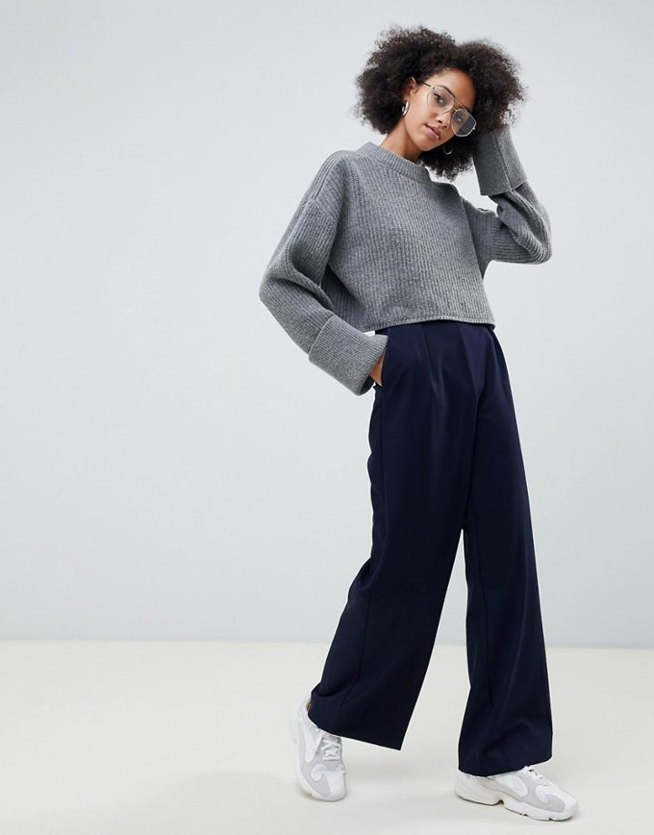 Asos Design Wide Leg Pants With Pleat Detail-navy