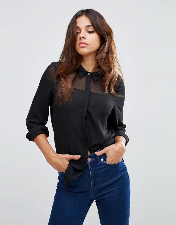 Asos Sheer Yoke Detail Blouse - Black