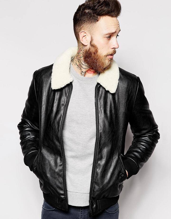 Asos Faux Leather Bomber Jacket With Faux Shearling Collar - Black