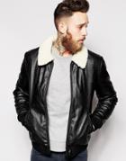 Asos Faux Leather Bomber Jacket With Faux Shearling Collar - Black