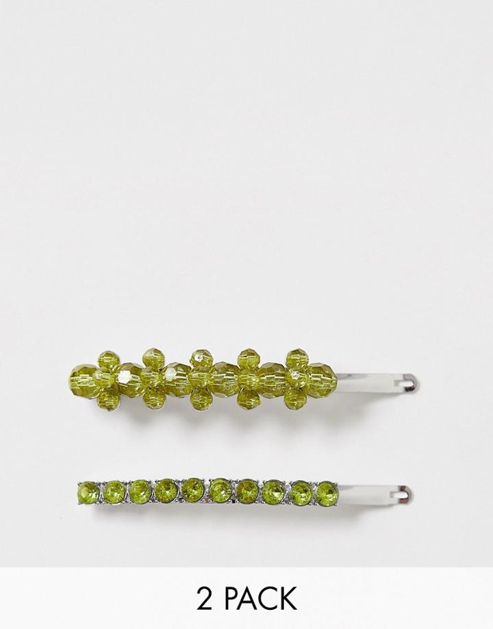 Asos Design Pack Of 2 Beaded Hair Slides - Green