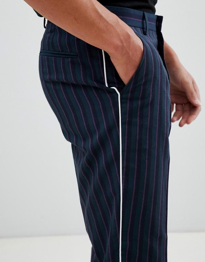 Asos Design Slim Smart Pants In Stripe With White Piping - Green