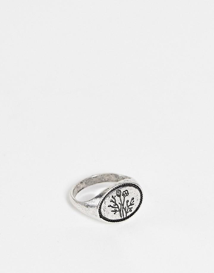 Asos Design Ring With Flower In Burnished Silver