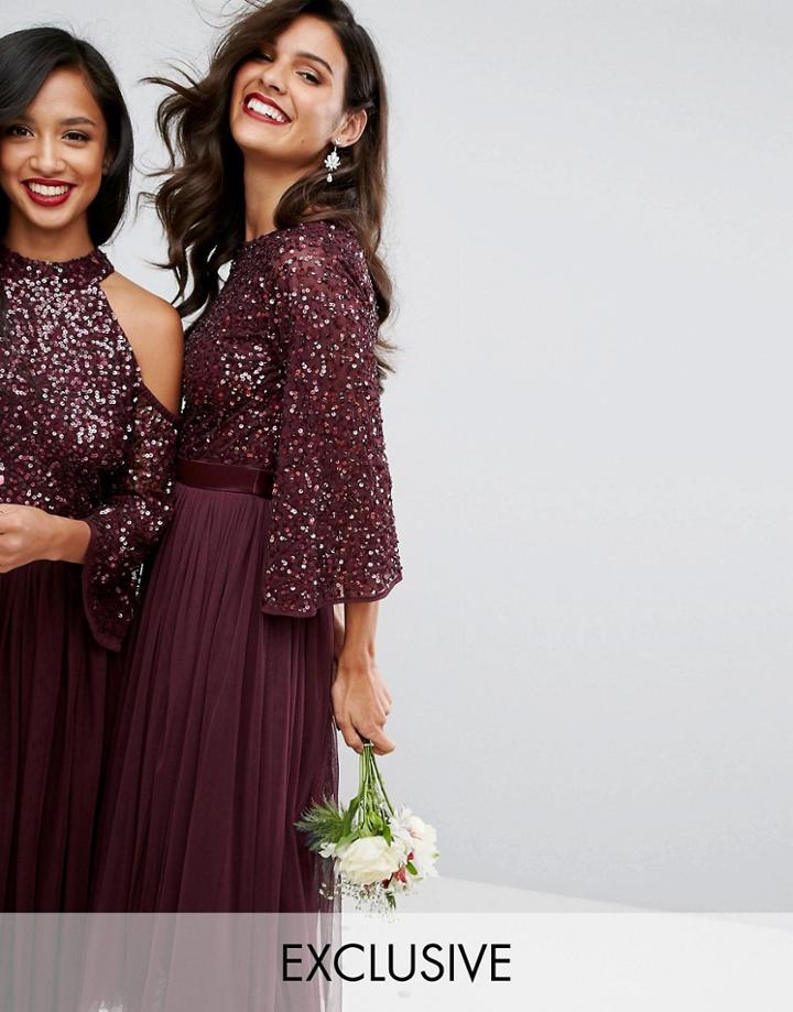 Maya Bell Sleeve Midi Dress In Tonal Delicate Sequin With Tulle Skirt And Kimono Sleeve - Blue