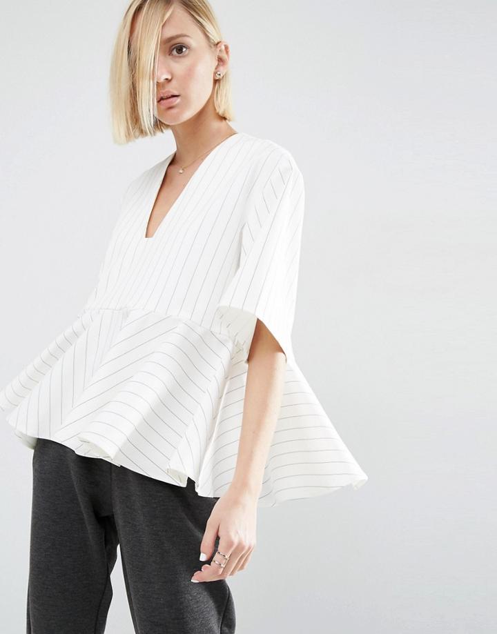 Asos White Stripe Peplum Top With V-neck - White