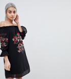 Parisian Petite Off Shoulder Embroidered Dress - Black