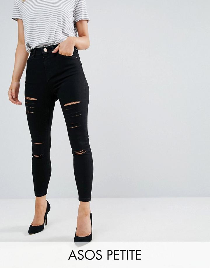 Asos Petite Ridley High Waist Skinny Jeans In Black With Shredded Rips - Black