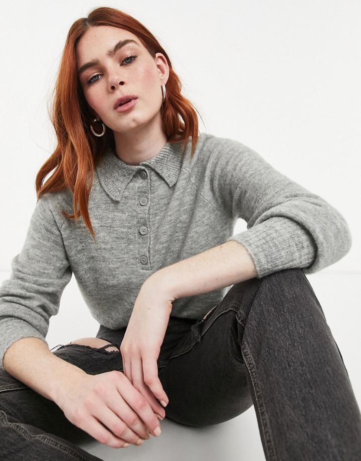 Only Knitted Polo Sweater In Light Gray-grey