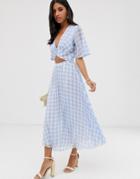Asos Design Button Front Pleated Midi Dress In Seersucker Gingham With Cut Out - Multi