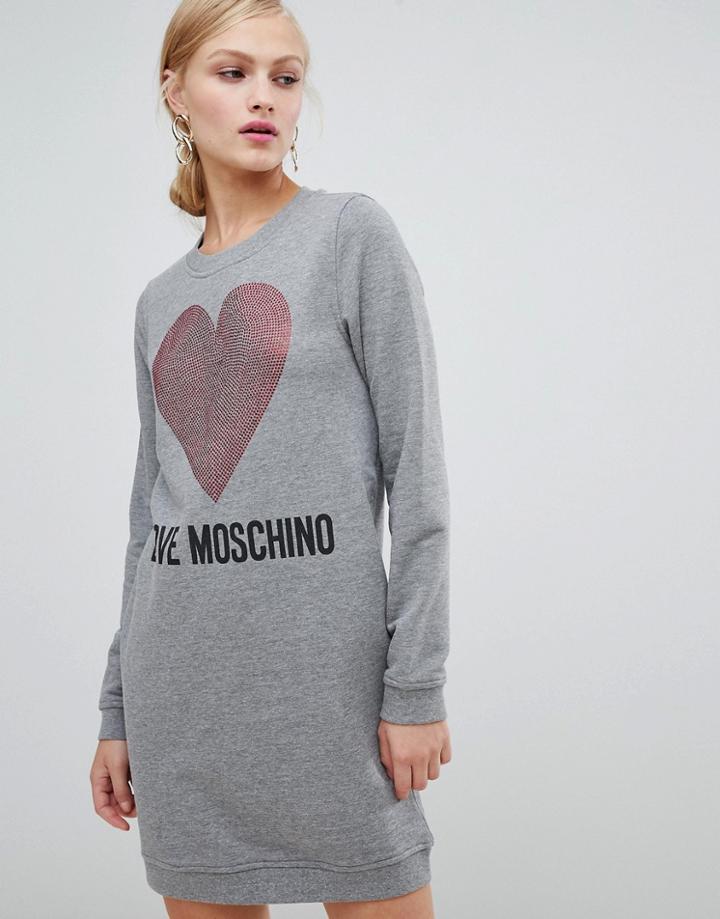 Love Moschino Embellished Heart Logo Sweater Dress - Gray