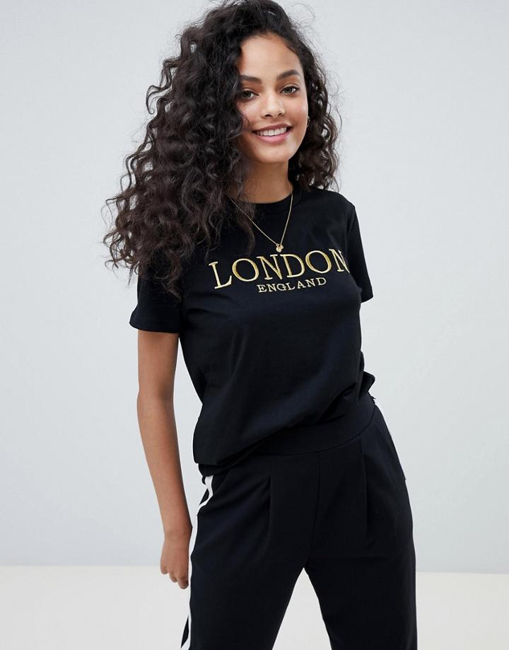 Asos Design T-shirt With Gold Embroidered London Print - Black
