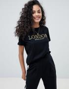 Asos Design T-shirt With Gold Embroidered London Print - Black