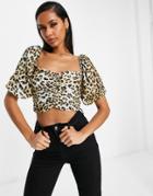 Asos Design Ruched Top With Puff Sleeve In Animal-multi