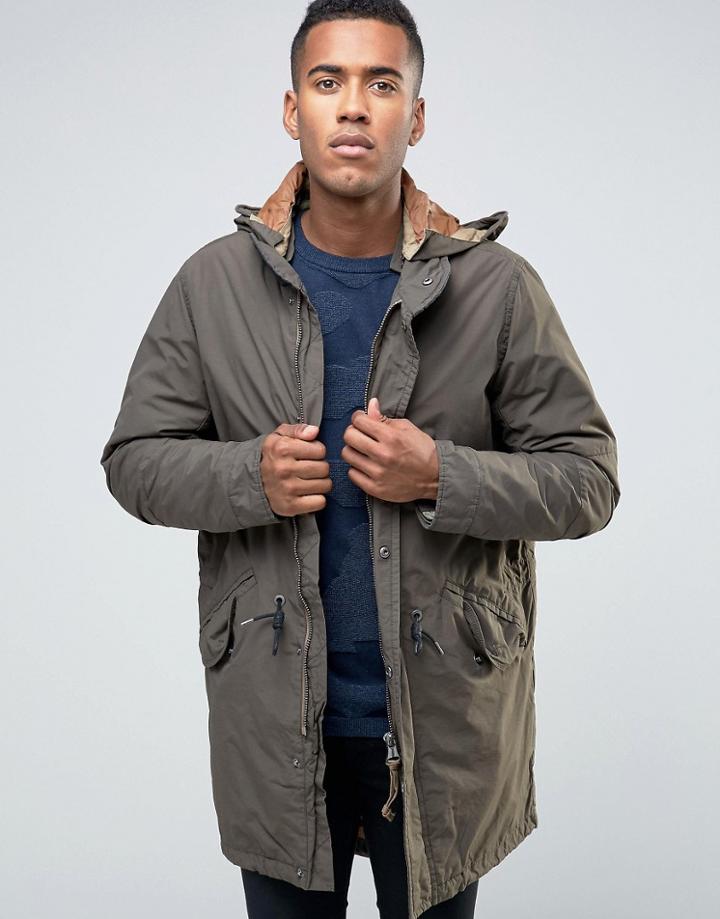 Jack & Jones Vintage Fishtail Parka With Quilted Linning And Removable Wire Frame Hood - Green