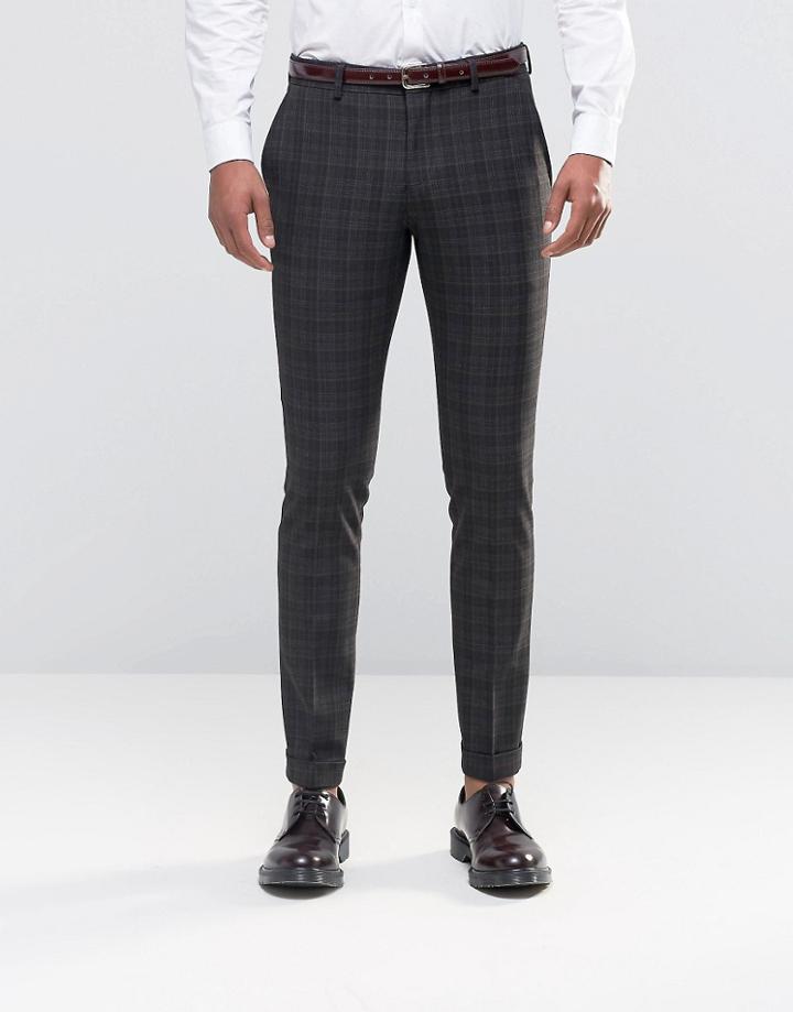 Selected Homme Skinny Checked Pants With Stretch And Turn Up - Brown