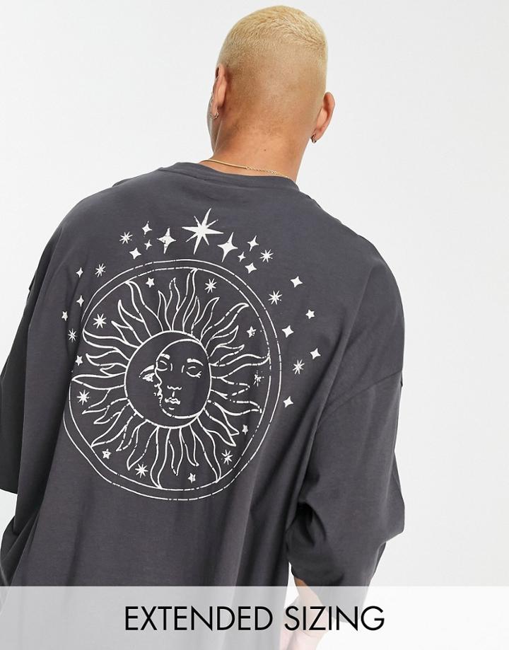 Asos Design Oversized T-shirt With Celestial Back Print In Dark Gray-black