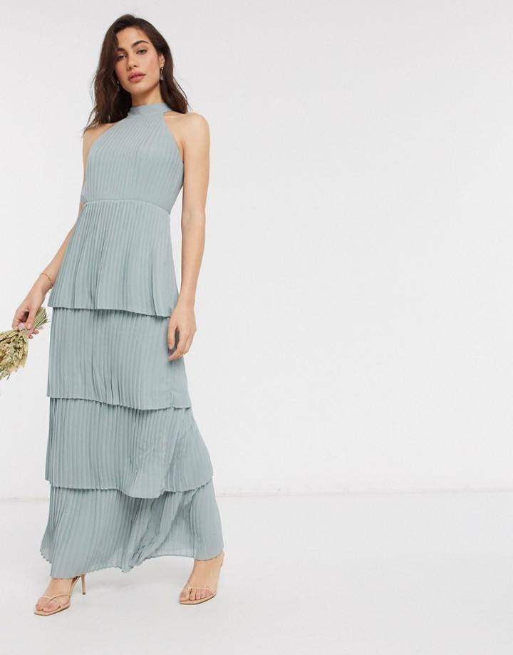 Tfnc High Neck Tiered Midaxi Bridesmaid Dress In Sage-green