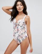 Asos Wispy Floral Print Bunny Tie Plunge Halter Swimsuit - Multi