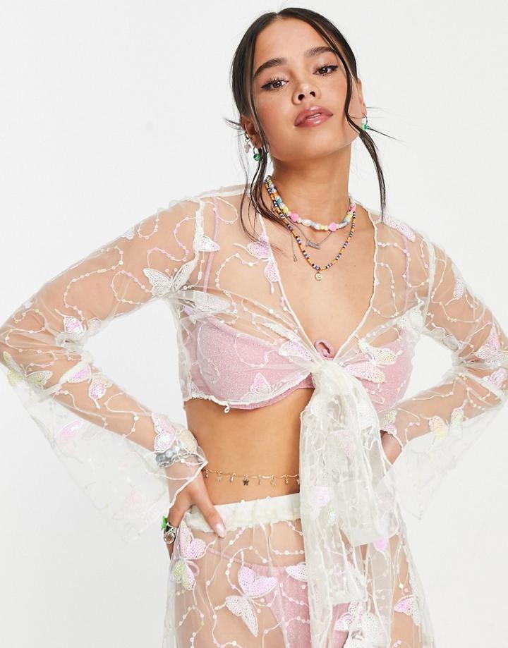 Daisy Street Flare Sleeve Wrap Crop Top In Butterfly Mesh Sequin - Part Of A Set-multi