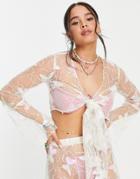 Daisy Street Flare Sleeve Wrap Crop Top In Butterfly Mesh Sequin - Part Of A Set-multi
