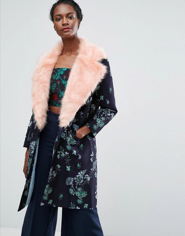 Endless Rose Jacquard Coat With Contrast Faux Fur - Navy