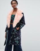 Endless Rose Jacquard Coat With Contrast Faux Fur - Navy