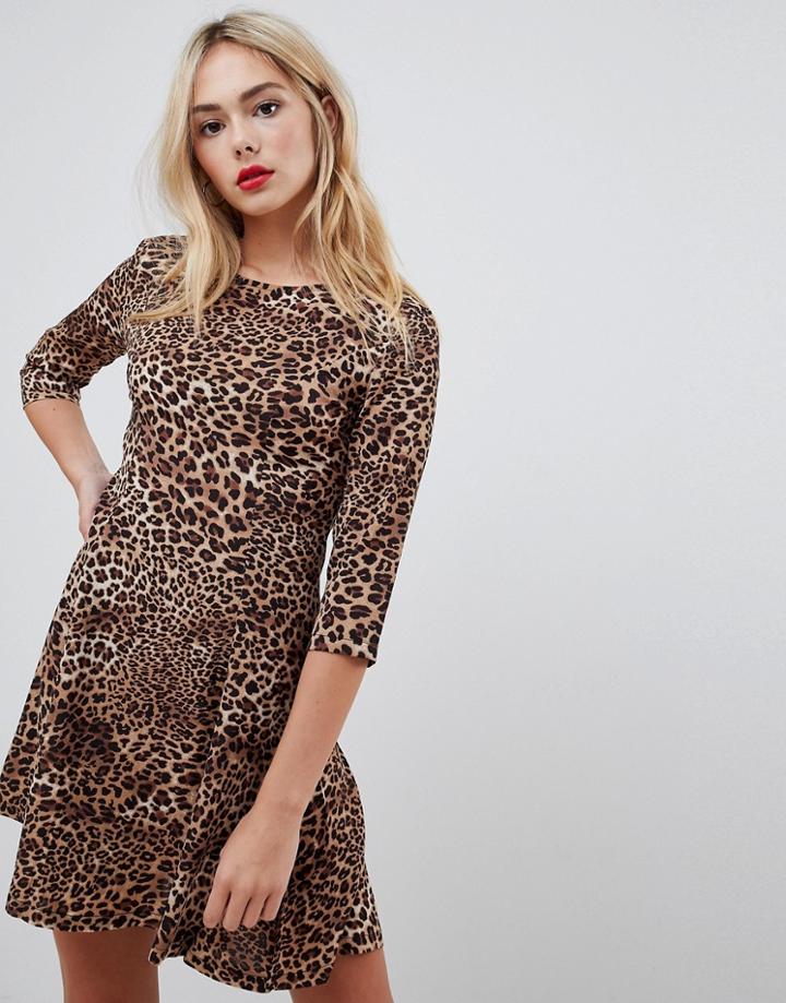 Qed London 3/4 Sleeve Skater Dress In Animal Print-brown