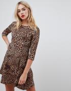 Qed London 3/4 Sleeve Skater Dress In Animal Print-brown