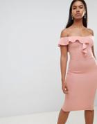 Ax Paris Bardot Midi Dress With Frill Detail - Pink