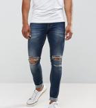 Just Junkies Super Skinny Jeans In Mid Wash With Knee Rips - Blue
