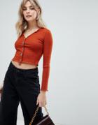 Asos Design V Neck Top In Rib With Button Front And Long Sleeve - Brown
