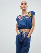 Asos Design Denim Embroidered Crop Top - Blue